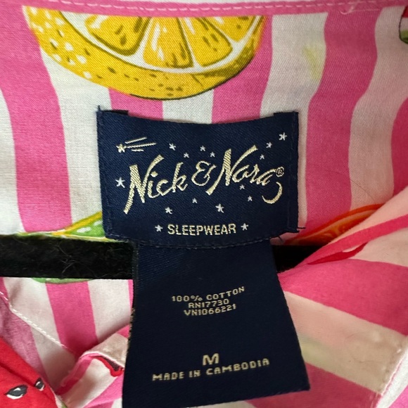Nick & Nora Pink White Striped Fruit Print Cotton Button Down Pajama Top Medium - Picture 3 of 7